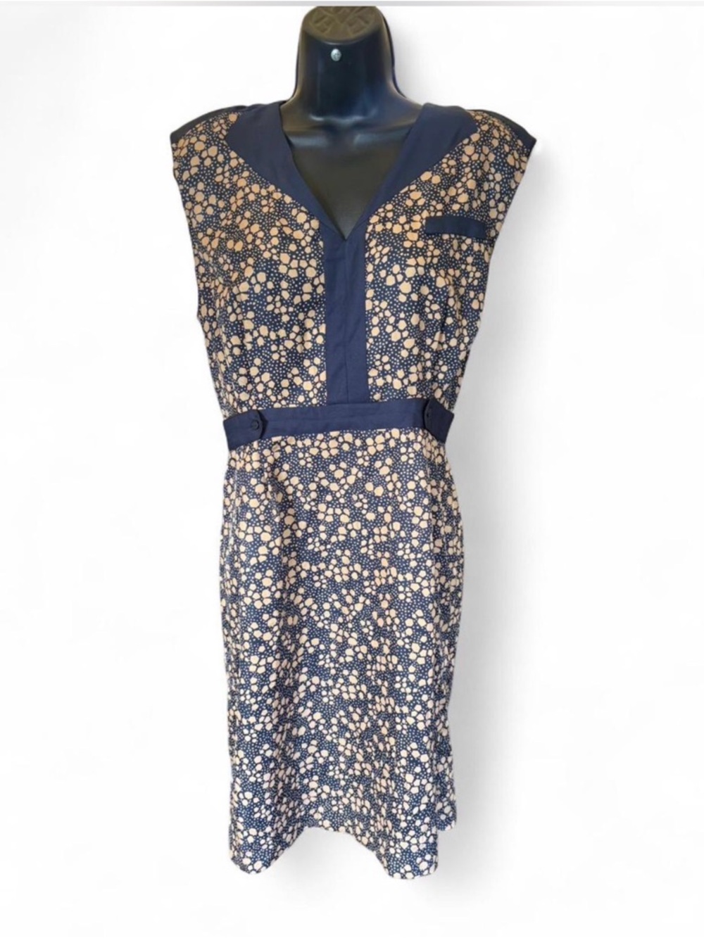 Navy and Beige Floral Midi Dress with V-Neck Detail